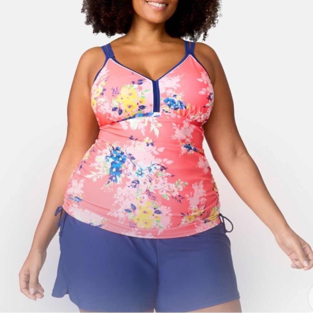 Free Country Plus Size Poolside Bouquet Double Strap‎ Tankini Top- 3X
